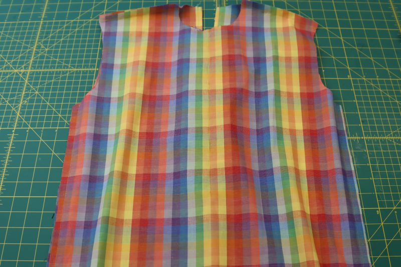 How To Pin Sew Shoulders And Sides - Rainbow Checks Cotton Shirting - Mood Fabrics - Bayport Blouse Free Sewing Pattern Tutorial - MDF494 - Mood Fabrics Sewciety Blog - Pin and sew the shoulders and side seams.