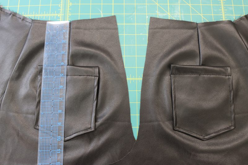 How To Place Back Pockets On Shorts - Buttery Faux Leather - Mood Fabrics - Dresden Shorts Free Sewing Pattern Tutorial - MDF493 - Mood Fabrics Sewciety Blog - Place back pockets on darts.