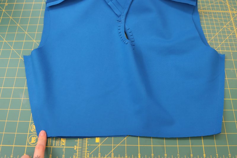 How To Pin Bodice Side Seams - Stretch Ponte Knit - Mood Fabrics - Topeka Keyhole Dress Free Sewing Pattern Tutorial - MDF496 - Mood Fabrics Sewciety Blog - Pin and sew the bodice side seams.