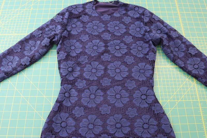 How To Place Lining Into Lace - Stretch Crochet Lace - Mood Fabrics - Altena Blouse Free Sewing Pattern Tutorial - MDF491 - Mood Fabrics Sewciety Blog - Place the lining inside of the lace, with both pieces facing right sides out.