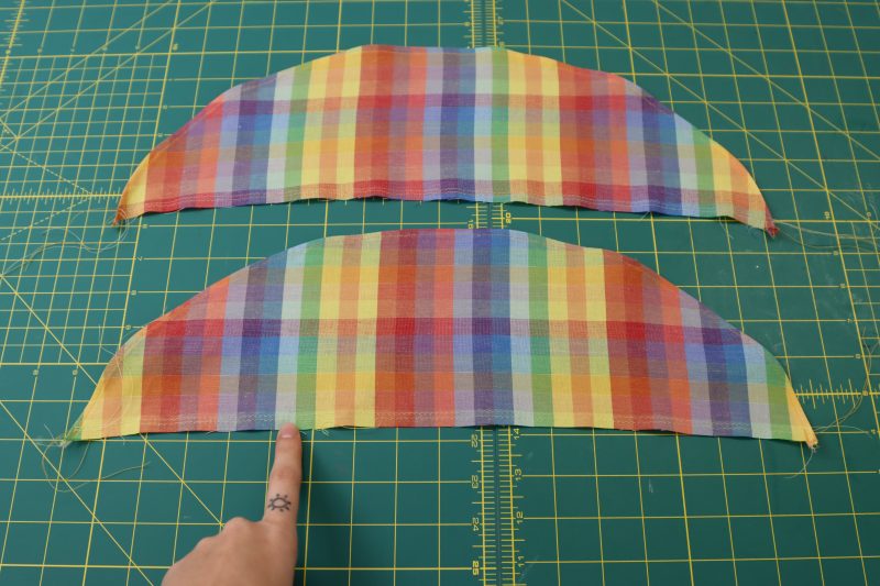 How To Sew Gathering Stitches On Shoulder Ruffles - Gutermann Sew All Thread - Mood Fabrics - Bayport Blouse Free Sewing Pattern Tutorial - MDF494 - Mood Fabrics Sewciety Blog - Sew two parallel gathering stitches along the straight edges of the shoulder ruffles.