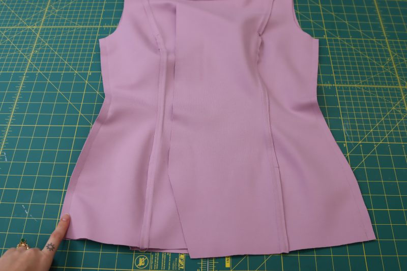 How To Sew Side Seams - Stretch Ponte Knit - Mood Fabrics - Camarillo Cardigan and Magdalene Midi Skirt Free Sewing Pattern Tutorial - MDF490 - Mood Fabrics Sewciety Blog - Sew the front and back cardigan pieces together at the side seams.