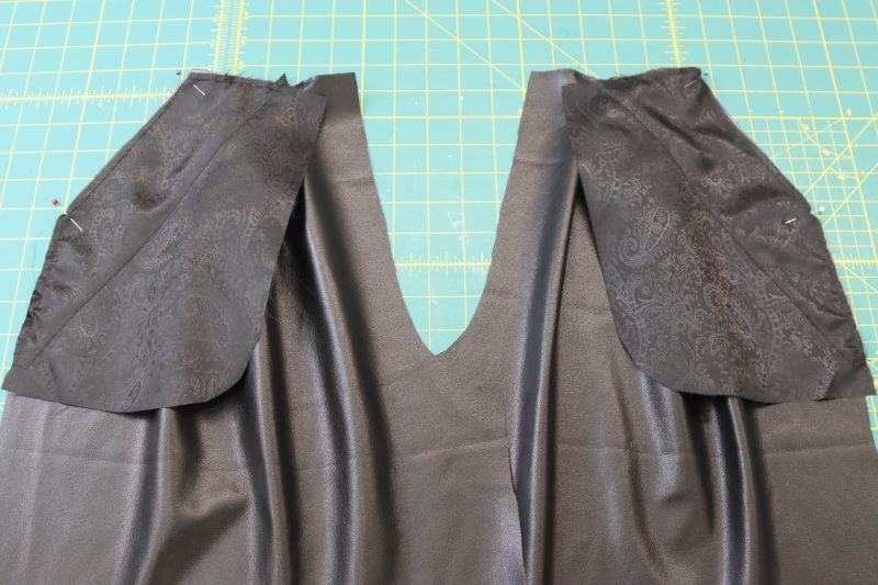 How To Pin Front Side Pockets - Buttery Faux Leather - Mood Fabrics - Dresden Shorts Free Sewing Pattern Tutorial - MDF493 - Mood Fabrics Sewciety Blog - Pin pockets A to the front shorts pattern.