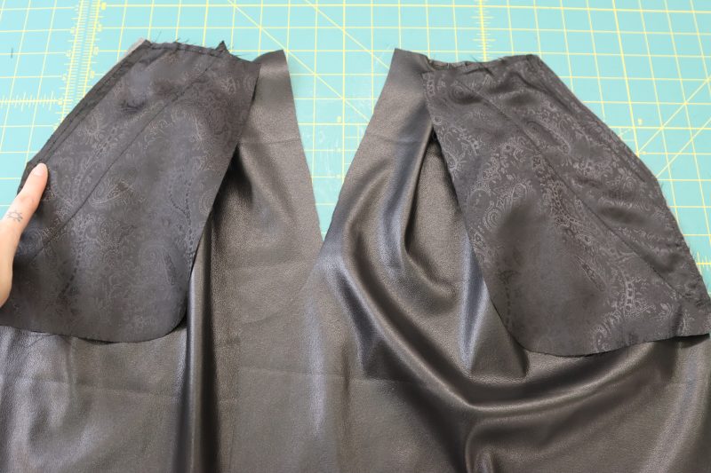 How To Sew Front Side Pockets - Buttery Faux Leather - Mood Fabrics - Dresden Shorts Free Sewing Pattern Tutorial - MDF493 - Mood Fabrics Sewciety Blog - Sew pockets A to the front shorts pattern.