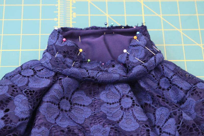 How To Pin Sew Collar To Neckline - Stretch Crochet Lace - Mood Fabrics - Altena Blouse Free Sewing Pattern Tutorial - MDF491 - Mood Fabrics Sewciety Blog - Pin and sew the collar to the necklines.