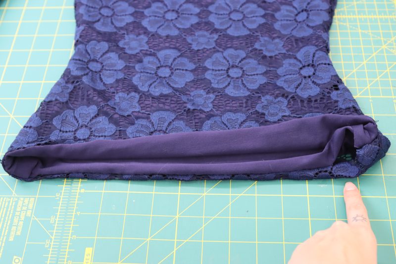 How To Leave Small Hole In Hem - Stretch Crochet Lace - Mood Fabrics - Altena Blouse Free Sewing Pattern Tutorial - MDF491 - Mood Fabrics Sewciety Blog - Leave a small hole to flip the shirt right side out.