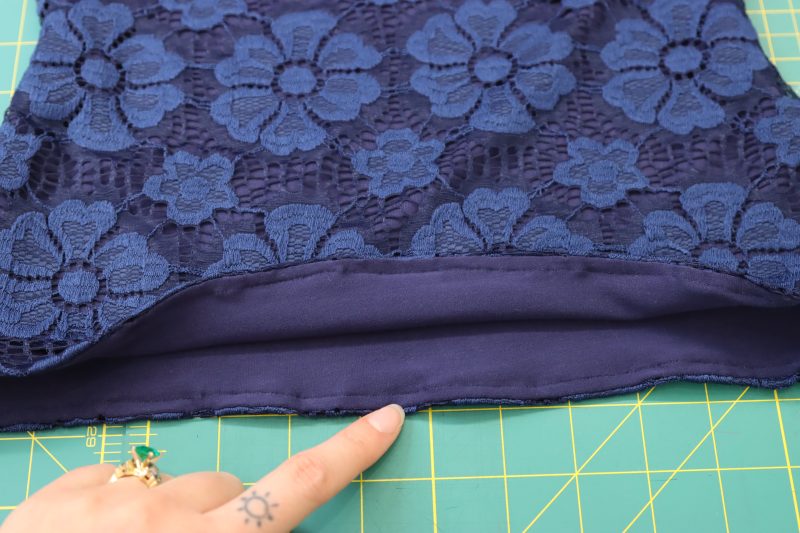 How To Topstitch Hem - Stretch Crochet Lace - Mood Fabrics - Altena Blouse Free Sewing Pattern Tutorial - MDF491 - Mood Fabrics Sewciety Blog - Topstitch the shirt hem.