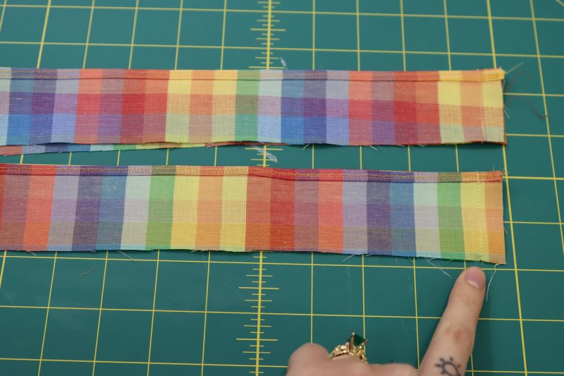 How To Sew Sleeve Cuff Ruffles Into Loops - Rainbow Checks Cotton Shirting - Mood Fabrics - Bayport Blouse Free Sewing Pattern Tutorial - MDF494 - Mood Fabrics Sewciety Blog - Sew the sleeve ruffles into closed loops.