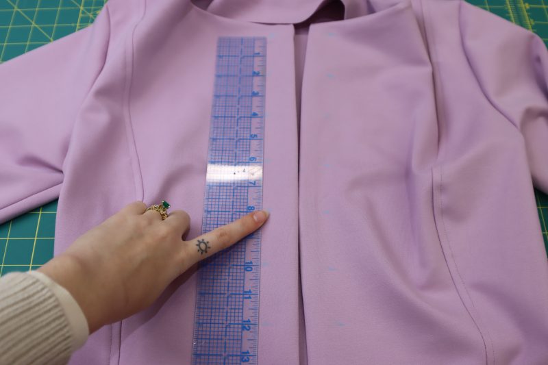 How To Mark Buttonholes - Stretch Ponte Knit - Mood Fabrics - Camarillo Cardigan and Magdalene Midi Skirt Free Sewing Pattern Tutorial - MDF490 - Mood Fabrics Sewciety Blog - Mark 10 button holes evenly spaced apart along both sides of the center front opening of the cardigan.
