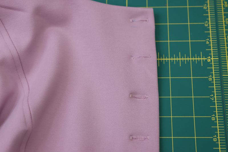 How To Sew Buttonholes - Gutermann Sew All Thread - Mood Fabrics - Camarillo Cardigan and Magdalene Midi Skirt Free Sewing Pattern Tutorial - MDF490 - Mood Fabrics Sewciety Blog - Make 10 button holes along the front center opening of the cardigan.
