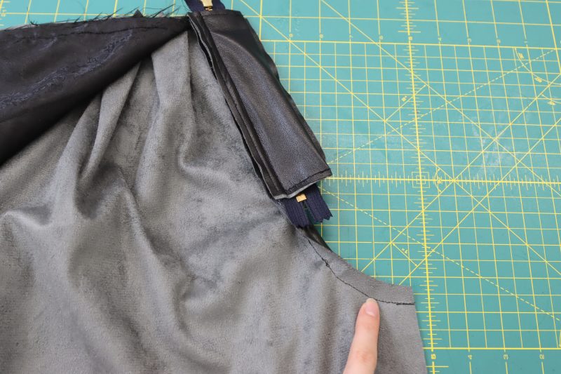 How To Sew Crotch Seams - Buttery Faux Leather - Mood Fabrics - Dresden Shorts Free Sewing Pattern Tutorial - MDF493 - Mood Fabrics Sewciety Blog - Sew the front crotch seam until you reach the bottom of the zipper seam.