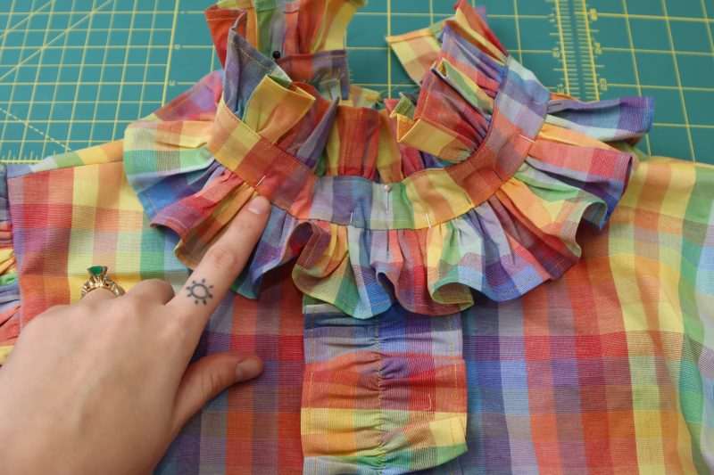 How To Pin Collar To Neckline - Rainbow Checks Cotton Shirting - Mood Fabrics - Bayport Blouse Free Sewing Pattern Tutorial - MDF494 - Mood Fabrics Sewciety Blog - Pin the collar to the neckline.