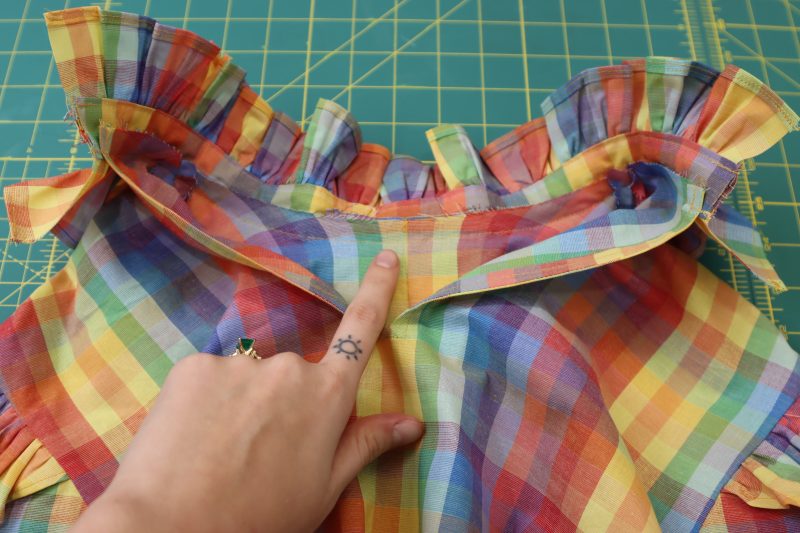 How To Topstitch Collar To Neckline - Rainbow Checks Cotton Shirting - Mood Fabrics - Bayport Blouse Free Sewing Pattern Tutorial - MDF494 - Mood Fabrics Sewciety Blog - Topstitch the collar to the neckline.