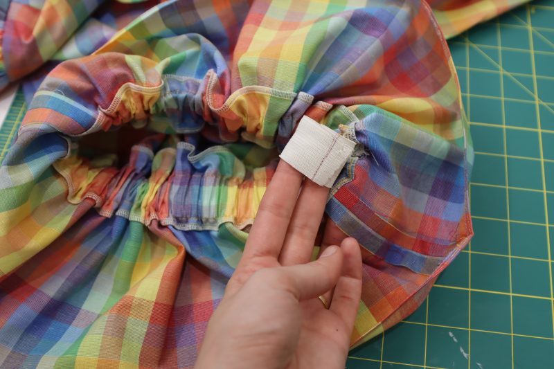 How To Sew Elastic - White PJ Elastic - Mood Fabrics - Bayport Blouse Free Sewing Pattern Tutorial - MDF494 - Mood Fabrics Sewciety Blog - Sew the elastic to itself to create a closed loop.