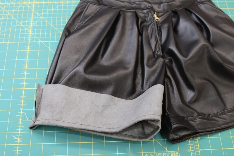 How To Sew Shorts Hem - Buttery Faux Leather - Mood Fabrics - Dresden Shorts Free Sewing Pattern Tutorial - MDF493 - Mood Fabrics Sewciety Blog - Sew the fold on the bottom of the shorts hem.