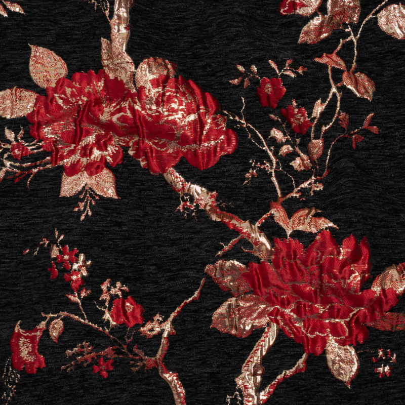 Yaya Han Metallic Chenille Brocade - Black, Red and Gold Floral - Cosplay Collection fabric perfect for Free Valentine's Day Sewing Projects such as the West Palm Cocktail Dress Sewing Pattern free PDF download from Mood Fabrics Sewciety Blog.