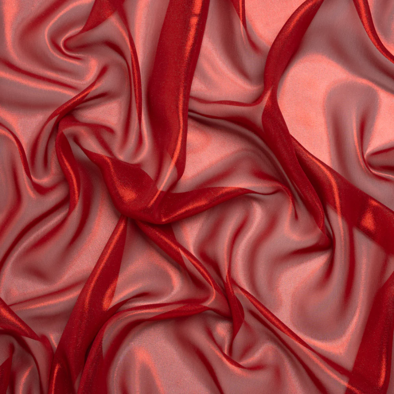 Liquid Sheen Metallic Polyester Chiffon - Red on Red - Liquid Sheen Chiffon Collection fabric perfect for Free Valentine's Day Sewing Projects such as the Vixen Slip Dress Sewing Pattern free PDF download from Mood Fabrics Sewciety Blog.
