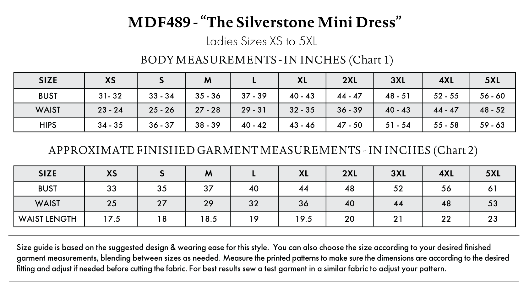 Silverstone Mini Dress Free Sewing Pattern - Size Charts - Mood Fabrics Sewciety Blog - Free Sewing Pattern MDF489