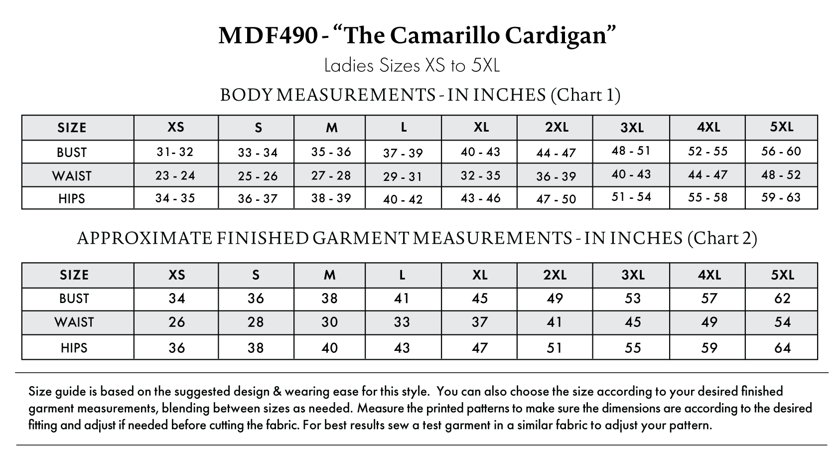Camarillo Cardigan Free Sewing Pattern - Size Charts - Mood Fabrics Sewciety Blog - Free Sewing Pattern MDF490