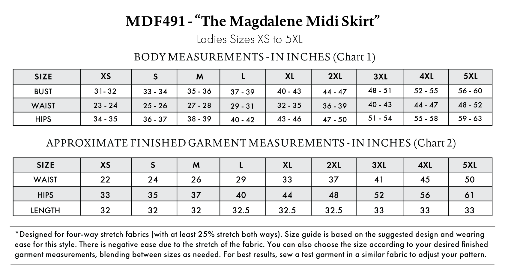 Magdalene Midi Skirt Free Sewing Pattern - Size Charts - Mood Fabrics Sewciety Blog - Free Sewing Pattern MDF491