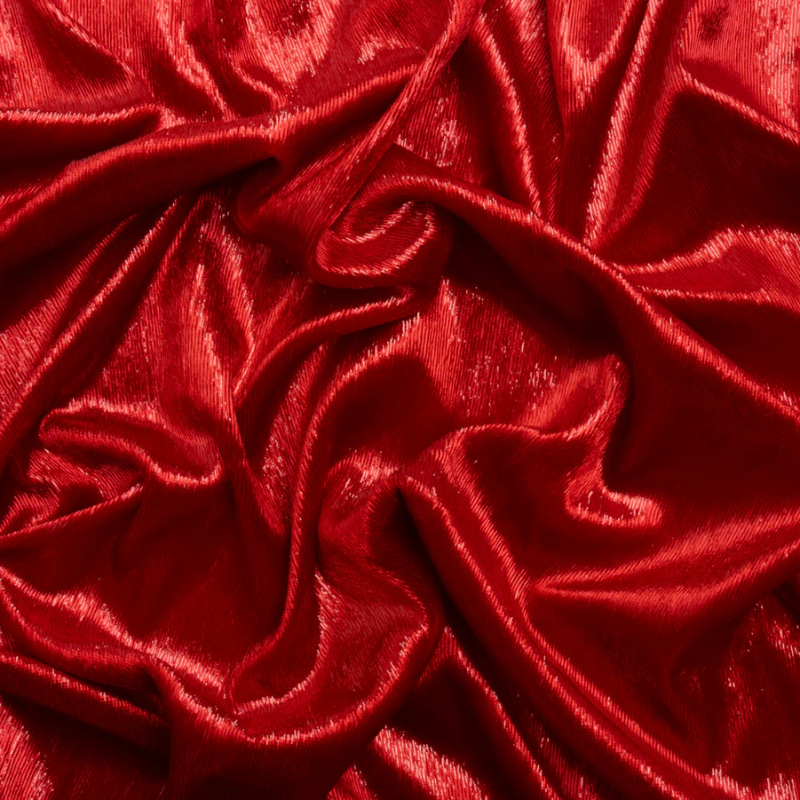 Metallic Velvet - Tango Red - Ava Collection fabric perfect for Free Valentine's Day Sewing Projects such as the Jasper Jumpsuit Sewing Pattern free PDF download from Mood Fabrics Sewciety Blog.