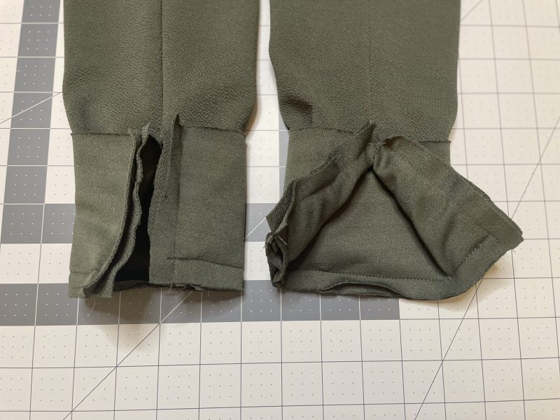 How To Sew Sleeves In Between Cuffs - Stretch Liverpool Knit - Mood Fabrics - Cove Collared Wrap Top Free Sewing Pattern Tutorial - MDF498 - Mood Fabrics Sewciety Blog - Sew the cuffs around the ends of the sleeves.