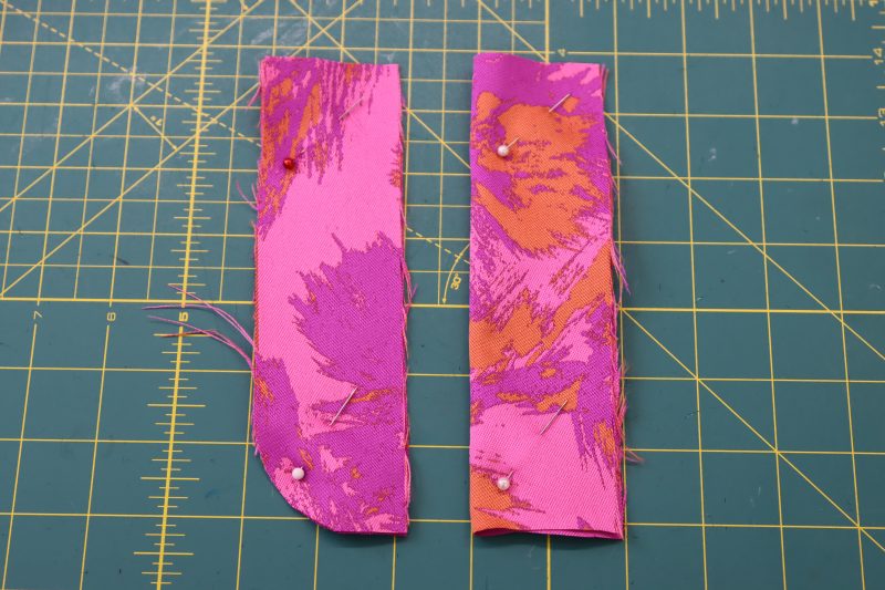 How To Pin Fly Pieces - Luxury Polyester Brocade - Mood Fabrics - Chelsea Brocade Set Free Sewing Pattern Tutorial - MDF508 - Mood Fabrics Sewciety Blog - Pin the fly pieces right sides together.