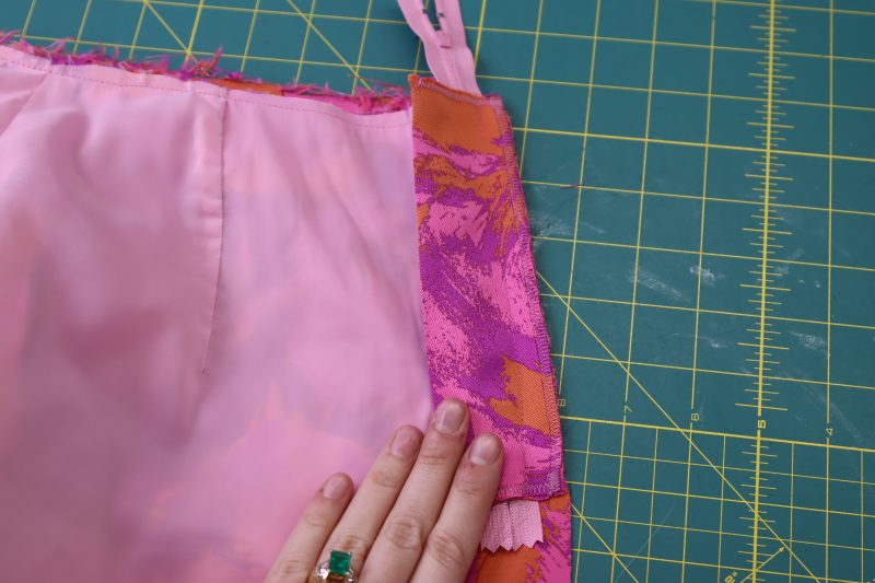 How To Sew Zipper And Fly Shield - Regular Zipper - Mood Fabrics - Chelsea Brocade Set Free Sewing Pattern Tutorial - MDF508 - Mood Fabrics Sewciety Blog - Sew the zipper to the fly shield.