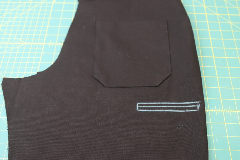 How To Mark Welt Opening - Cotton Canvas - Mood Fabrics - Clarkston Carpenter Pants Free Sewing Pattern Tutorial - MDF503 - Mood Fabrics Sewciety Blog - Mark the welt opening with tailor’s chalk.