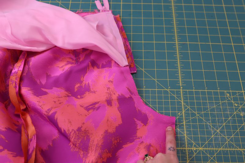 How To Sew Front Crotch - Luxury Polyester Brocade - Mood Fabrics - Chelsea Brocade Set Free Sewing Pattern Tutorial - MDF508 - Mood Fabrics Sewciety Blog - Sew the brocade front crotch seam under the zipper.