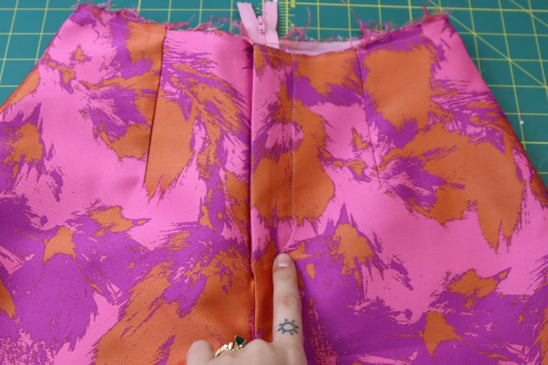 How To Topstitch Fly - Luxury Polyester Brocade - Mood Fabrics - Chelsea Brocade Set Free Sewing Pattern Tutorial - MDF508 - Mood Fabrics Sewciety Blog - Topstitch the fly.