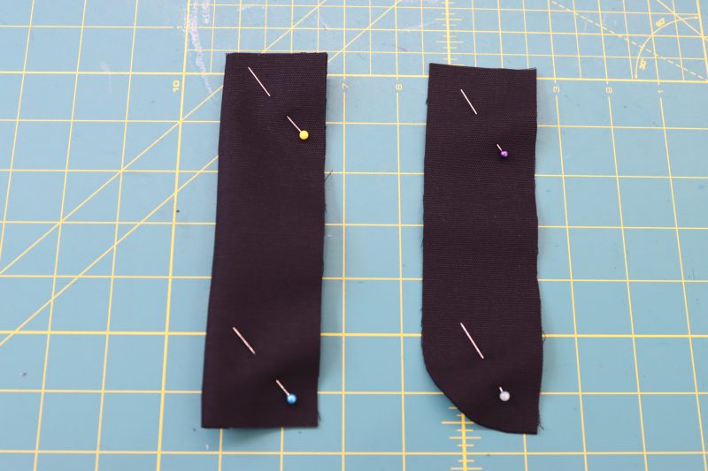 How To Pin Fly Pieces - Cotton Canvas - Mood Fabrics - Clarkston Carpenter Pants Free Sewing Pattern Tutorial - MDF503 - Mood Fabrics Sewciety Blog - Pin the fly pieces wrong sides together.