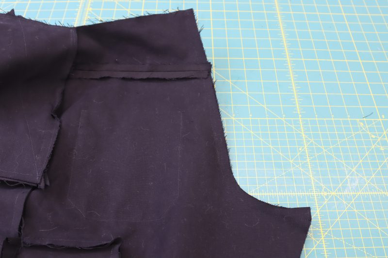 How To Pin Back Crotch - Cotton Canvas - Mood Fabrics - Clarkston Carpenter Pants Free Sewing Pattern Tutorial - MDF503 - Mood Fabrics Sewciety Blog - Pin and sew the back crotch seam.