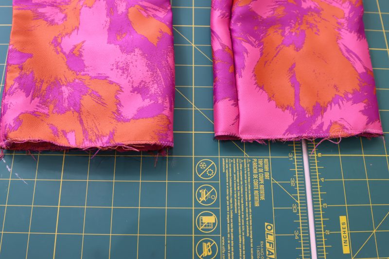 How To Serge Brocade Hem - Luxury Polyester Brocade - Mood Fabrics - Chelsea Brocade Set Free Sewing Pattern Tutorial - MDF508 - Mood Fabrics Sewciety Blog - Zigzag or serge the raw hems of the brocade pants.