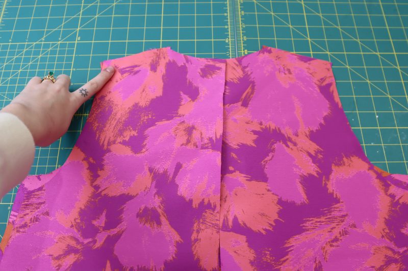 How To Place Front Piece On Back Pieces - Luxury Polyester Brocade - Mood Fabrics - Chelsea Brocade Set Free Sewing Pattern Tutorial - MDF508 - Mood Fabrics Sewciety Blog - Place the front top pieces on the back top piece right sides together.