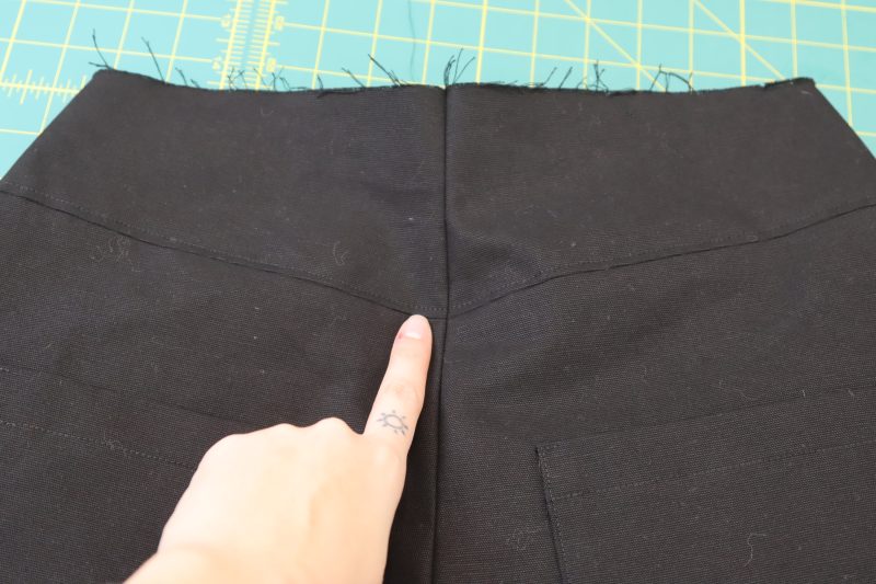 How To Topstitch Yoke - Cotton Canvas - Mood Fabrics - Clarkston Carpenter Pants Free Sewing Pattern Tutorial - MDF503 - Mood Fabrics Sewciety Blog - Topstitch over the yoke.