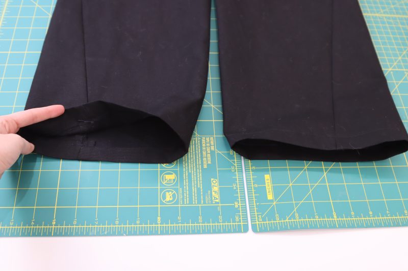 How To - - Mood Fabrics - Clarkston Carpenter Pants Free Sewing Pattern Tutorial - MDF503 - Mood Fabrics Sewciety Blog - Sew a 1 inch hem into the pants.