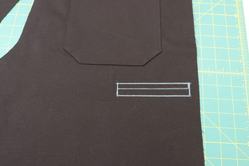 How To Mark Welt Location - Cotton Canvas - Mood Fabrics - Colfax Carpenter Pants Free Sewing Pattern Tutorial - MDF504 - Mood Fabrics Sewciety Blog - Mark the location of the welt opening with tailor’s chalk.