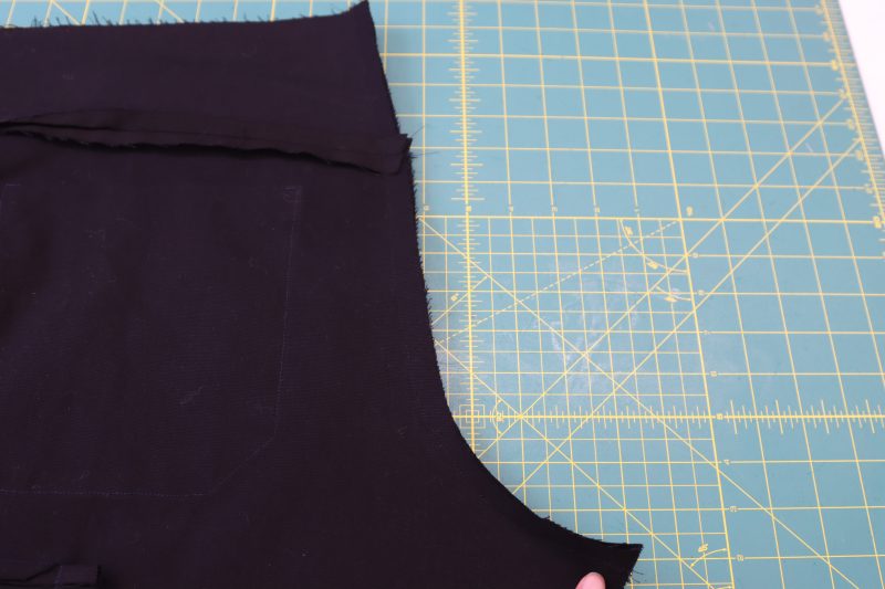 How To Pin Sew Back Crotch - Cotton Canvas - Mood Fabrics - Colfax Carpenter Pants Free Sewing Pattern Tutorial - MDF504 - Mood Fabrics Sewciety Blog - Pin and sew the back crotch seam.
