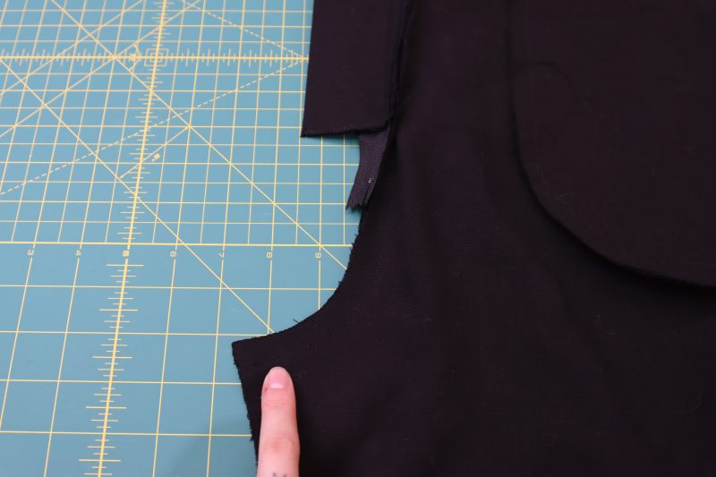 How To Pin Sew Front Crotch - Cotton Canvas - Mood Fabrics - Colfax Carpenter Pants Free Sewing Pattern Tutorial - MDF504 - Mood Fabrics Sewciety Blog - Pin and sew the front crotch seam under the zipper.