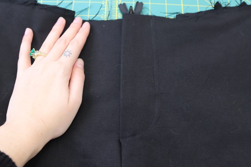 How To Topstitch Fly Facing - Cotton Canvas - Mood Fabrics - Colfax Carpenter Pants Free Sewing Pattern Tutorial - MDF504 - Mood Fabrics Sewciety Blog - Topstitch the fly facing.
