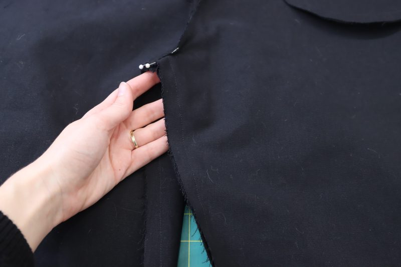 How To Pin Sew Inseam - Cotton Canvas - Mood Fabrics - Colfax Carpenter Pants Free Sewing Pattern Tutorial - MDF504 - Mood Fabrics Sewciety Blog - Pin and sew the inseam.