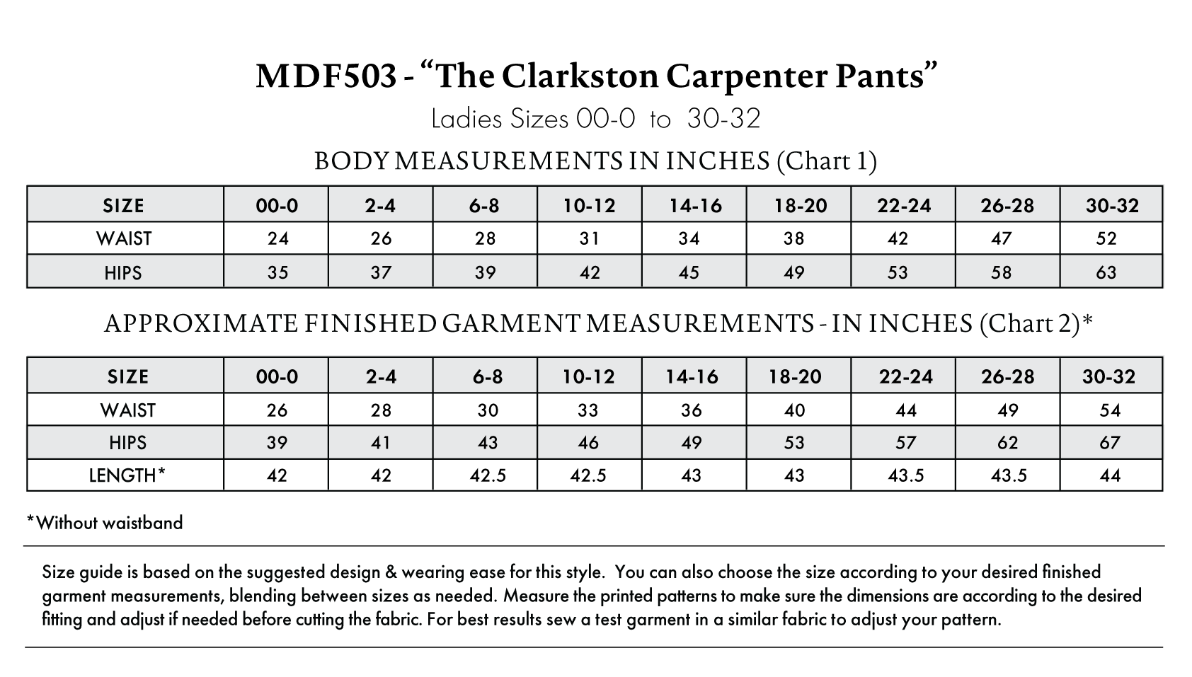 Clarkston Carpenter Pants Free Sewing Pattern - Size Charts - Mood Fabrics Sewciety Blog - Free Sewing Pattern MDF503