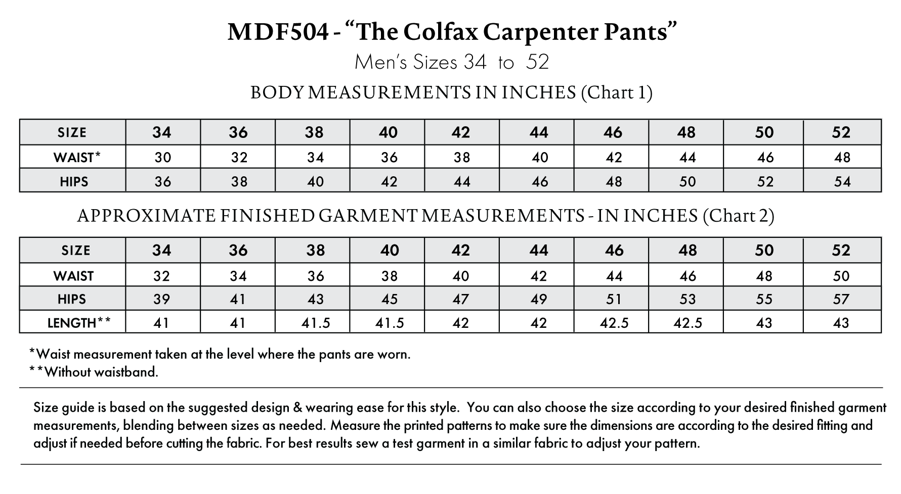 Colfax Carpenter Pants Free Sewing Pattern - Size Charts - Mood Fabrics Sewciety Blog - Free Sewing Pattern MDF504
