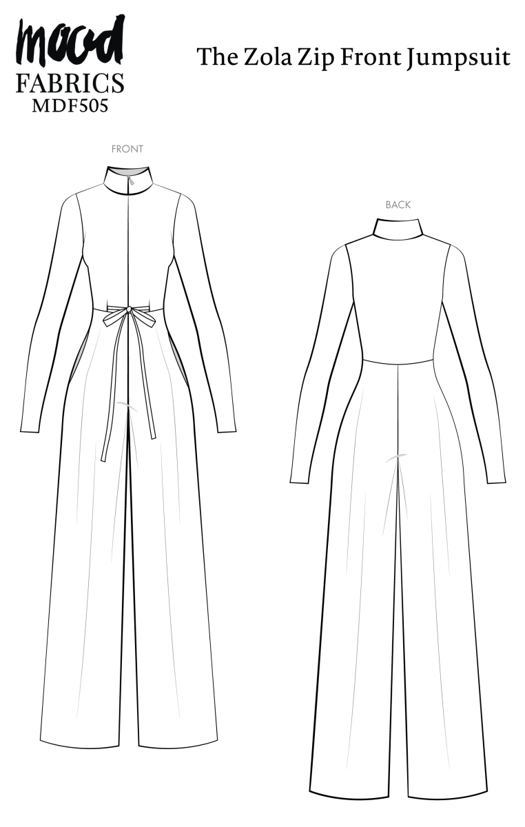 Zola Zip Front Jumpsuit Free Sewing Pattern - Technical Drawings - Mood Fabrics Sewciety Blog - Free Sewing Pattern MDF505