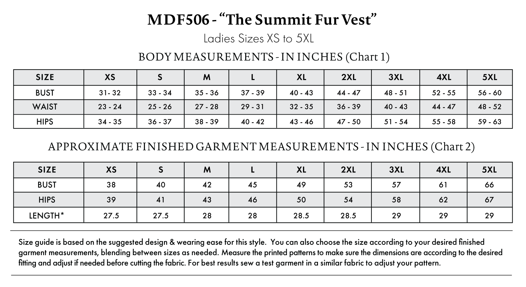 Summit Fur Vest Free Sewing Pattern - Size Charts - Mood Fabrics Sewciety Blog - Free Sewing Pattern MDF506