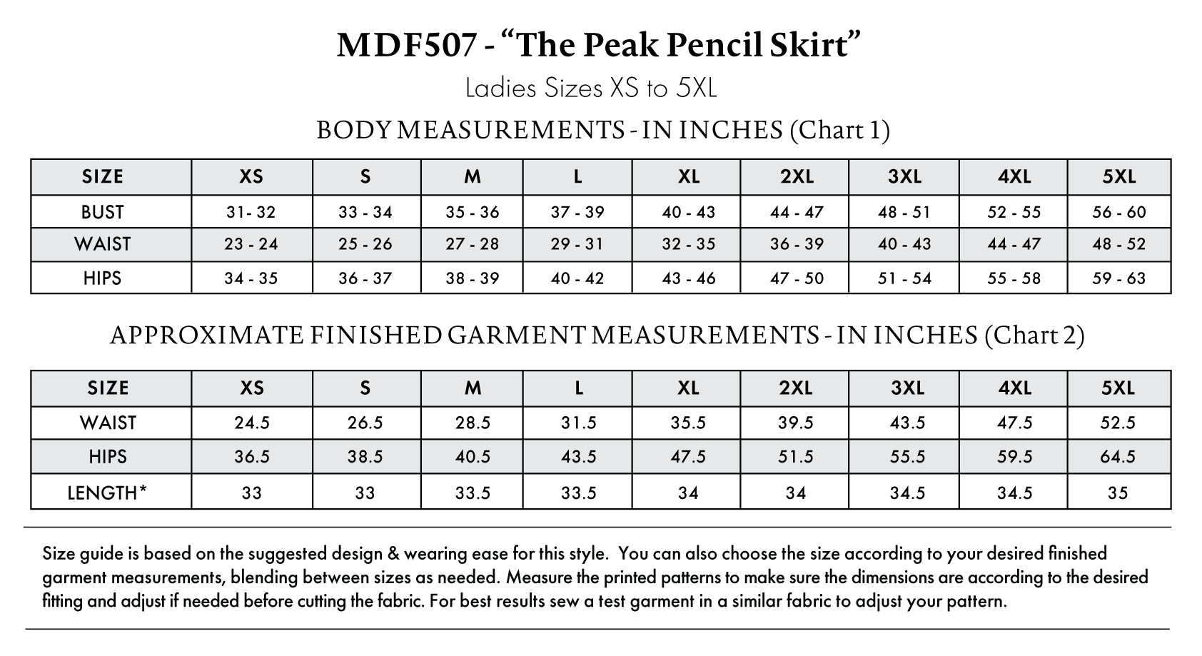 Peak Pencil Skirt Free Sewing Pattern - Size Charts - Mood Fabrics Sewciety Blog - Free Sewing Pattern MDF507