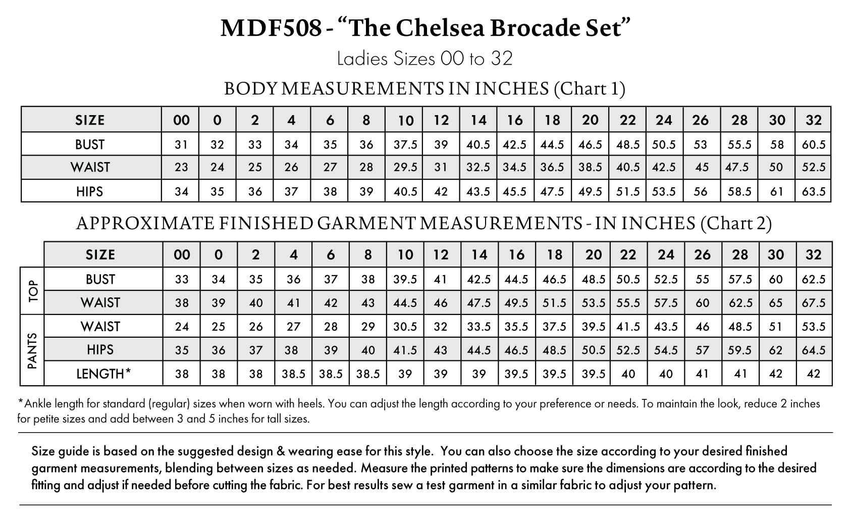Chelsea Brocade Set Free Sewing Pattern - Size Charts - Mood Fabrics Sewciety Blog - Free Sewing Pattern MDF508