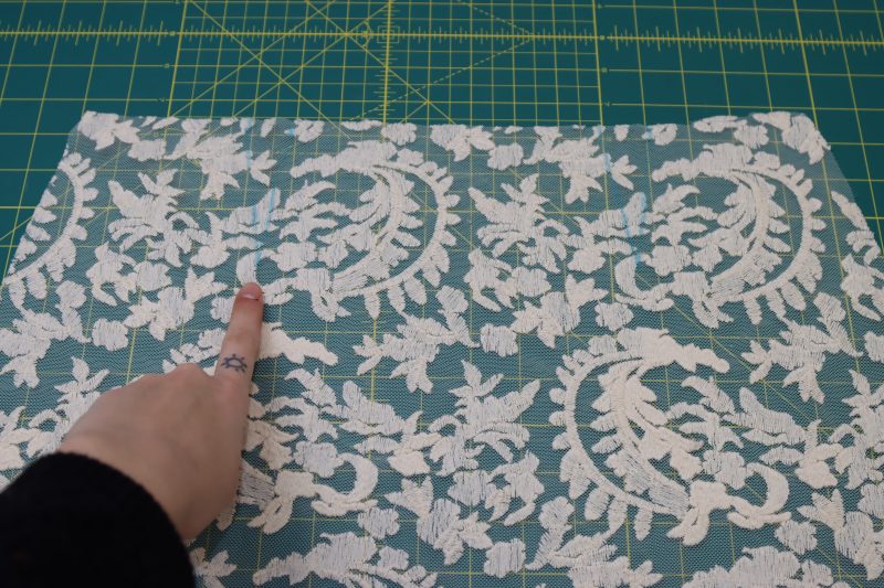 How To Mark Back Darts - Embroidered Lace - Mood Fabrics - Taiga Trapeze Skirt Free Sewing Pattern Tutorial - MDF512 - Mood Fabrics Sewciety Blog - Mark the back darts with tailor’s chalk.