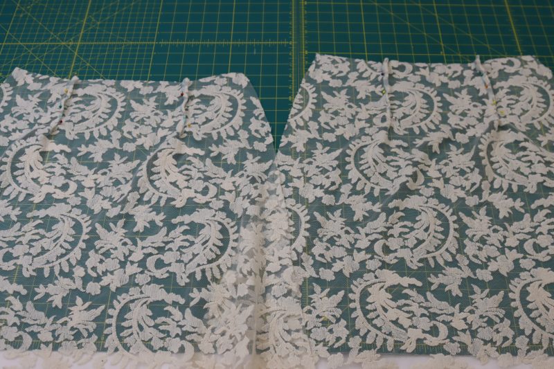 How To Pin Both Sets Of Darts - Embroidered Lace - Mood Fabrics - Taiga Trapeze Skirt Free Sewing Pattern Tutorial - MDF512 - Mood Fabrics Sewciety Blog - Pin both sets of darts right sides together.